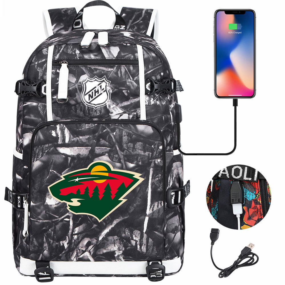 Minnesota Wild Hockey League USB Charging Backpack School Notebook Travel Bags