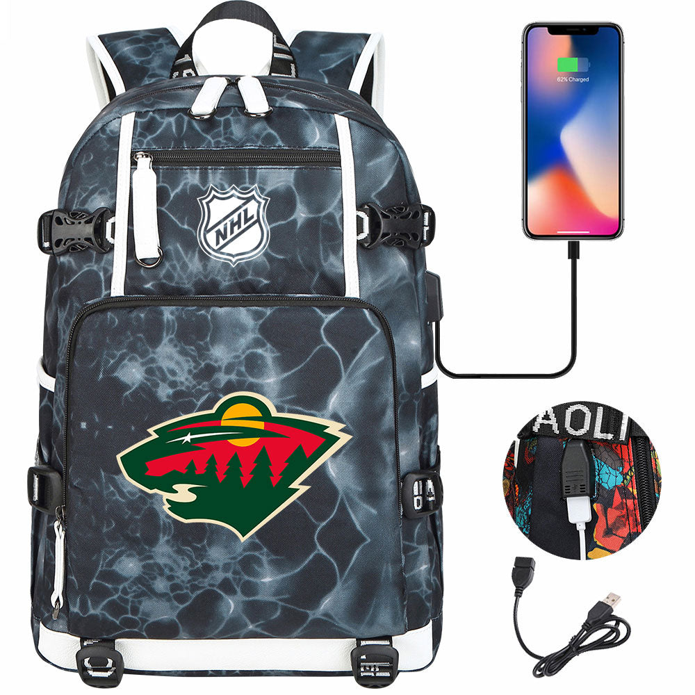Minnesota Wild Hockey League USB Charging Backpack School Notebook Travel Bags