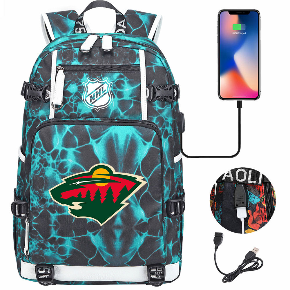 Minnesota Wild Hockey League USB Charging Backpack School Notebook Travel Bags