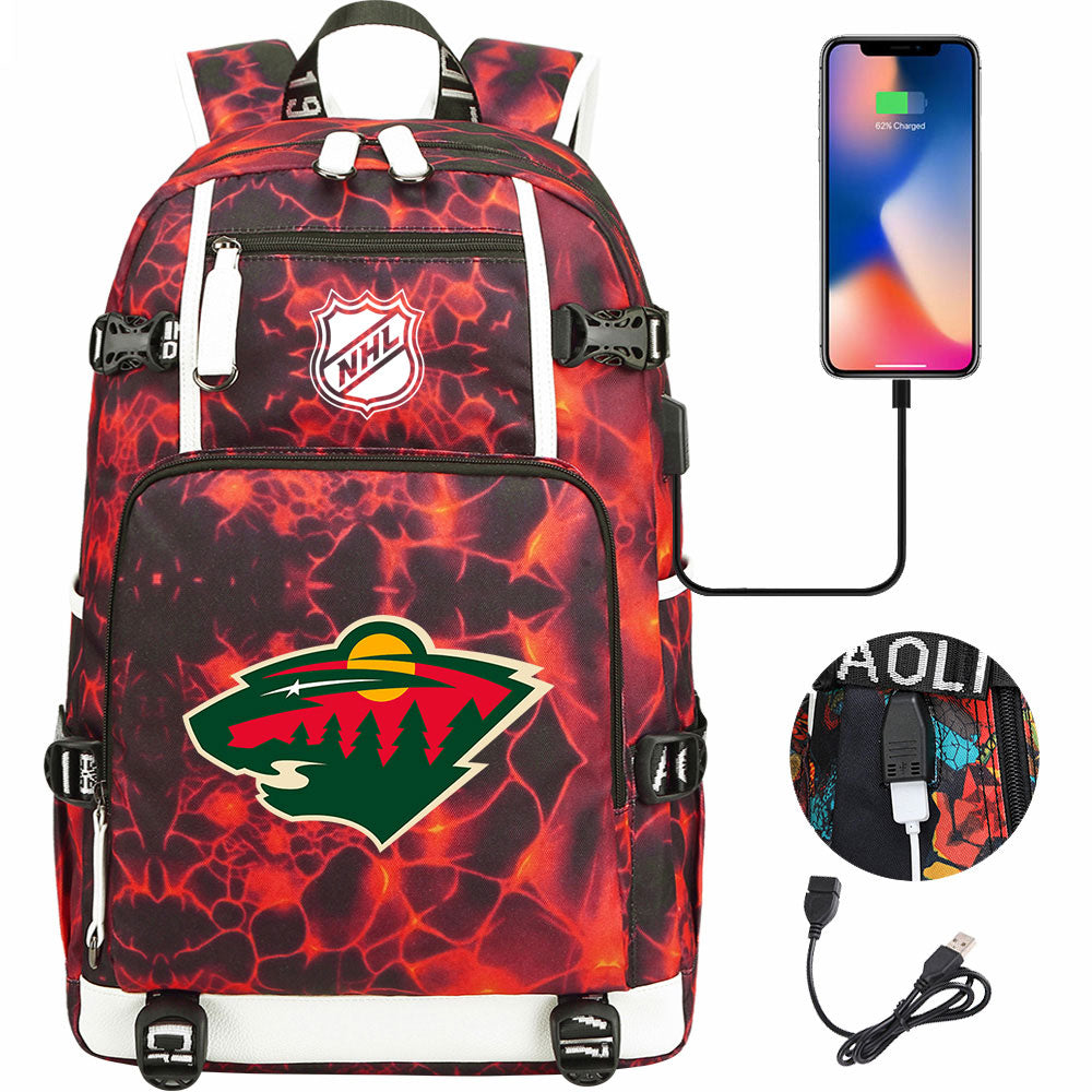 Minnesota Wild Hockey League USB Charging Backpack School Notebook Travel Bags