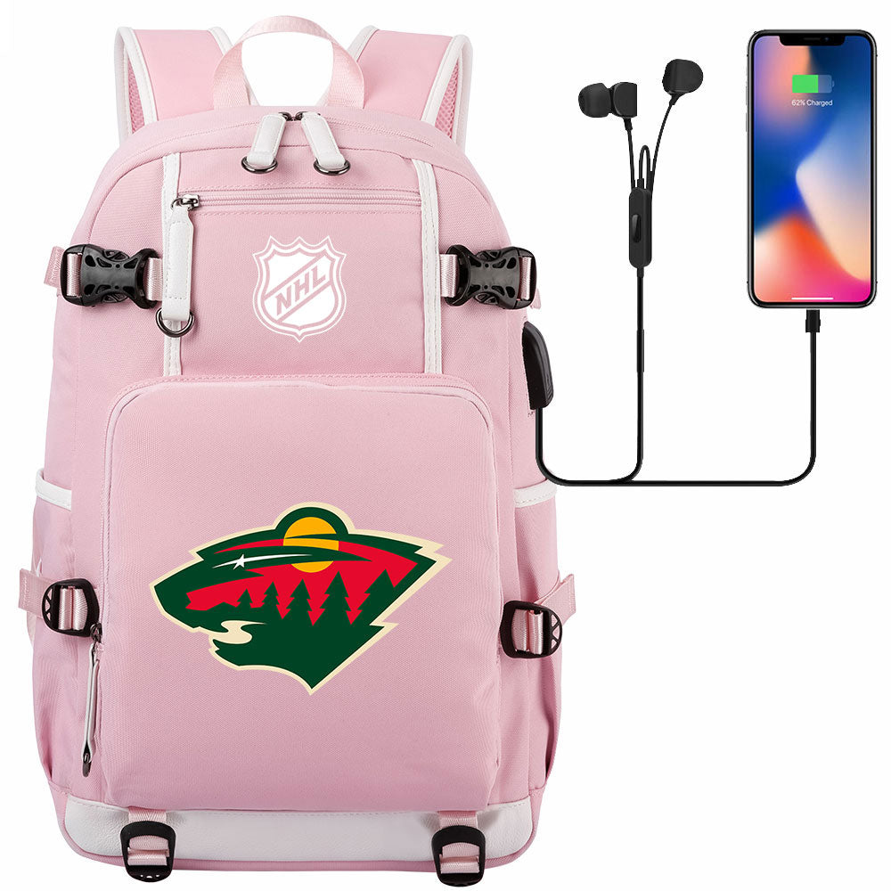 Minnesota Wild Hockey League USB Charging Backpack School Notebook Travel Bags