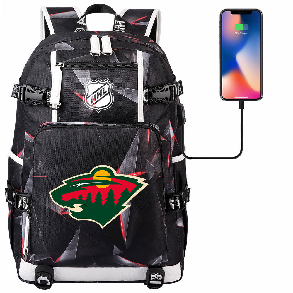 Minnesota Wild Hockey League USB Charging Backpack School Notebook Travel Bags