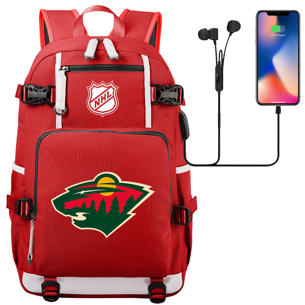 Minnesota Wild Hockey League USB Charging Backpack School Notebook Travel Bags