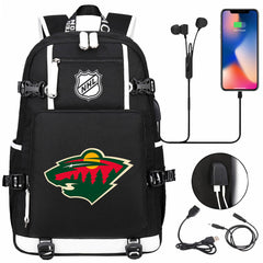 Minnesota Wild Hockey League USB Charging Backpack School Notebook Travel Bags