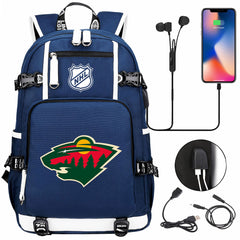 Minnesota Wild Hockey League USB Charging Backpack School Notebook Travel Bags