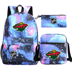 Minnesota Wild Hockey League Printed Schoolbag Backpack Shoulder Bag Pencil Bag 3pcs set for Kids Students