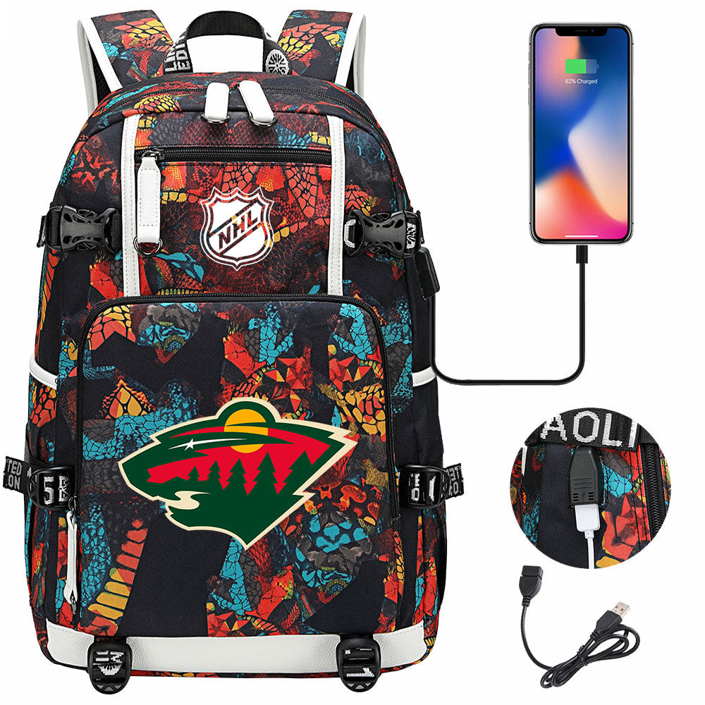 Minnesota Wild Hockey League USB Charging Backpack School Notebook Travel Bags