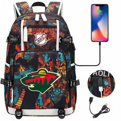 Minnesota Wild Hockey League USB Charging Backpack School Notebook Travel Bags