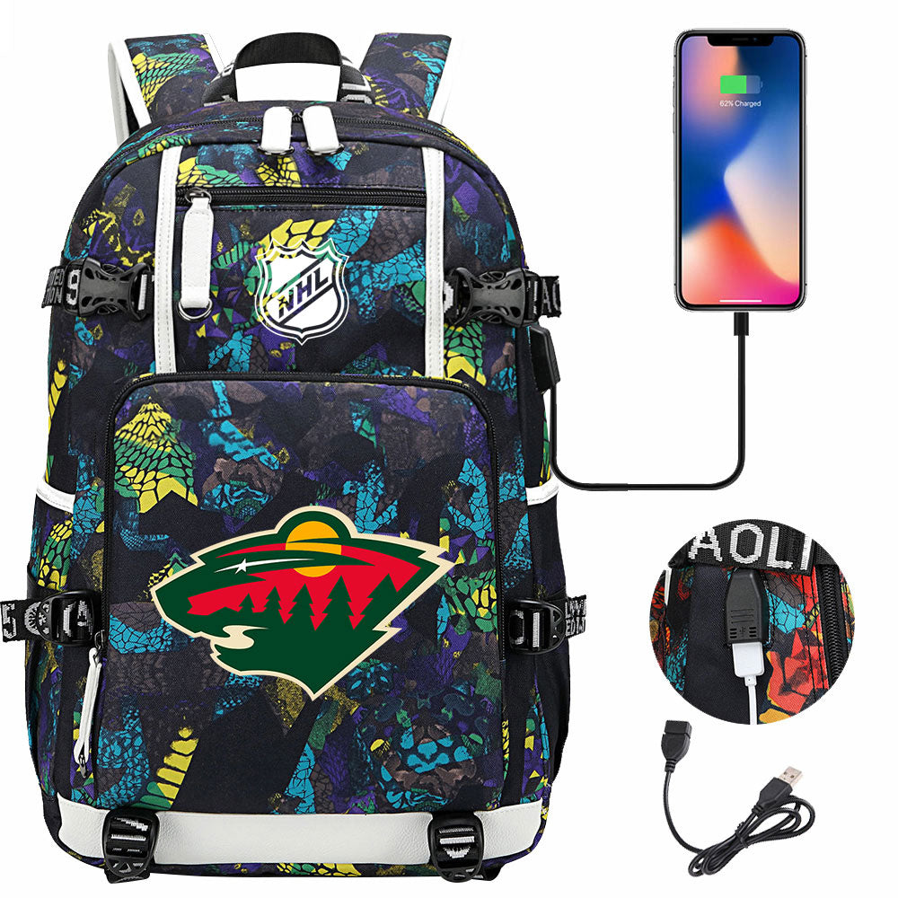 Minnesota Wild Hockey League USB Charging Backpack School Notebook Travel Bags