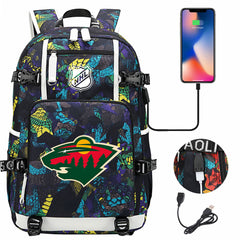 Minnesota Wild Hockey League USB Charging Backpack School Notebook Travel Bags
