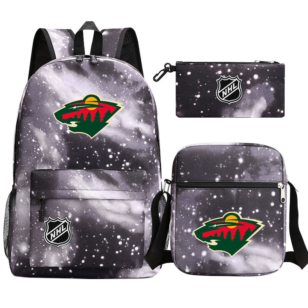 Minnesota Wild Hockey League Printed Schoolbag Backpack Shoulder Bag Pencil Bag 3pcs set for Kids Students