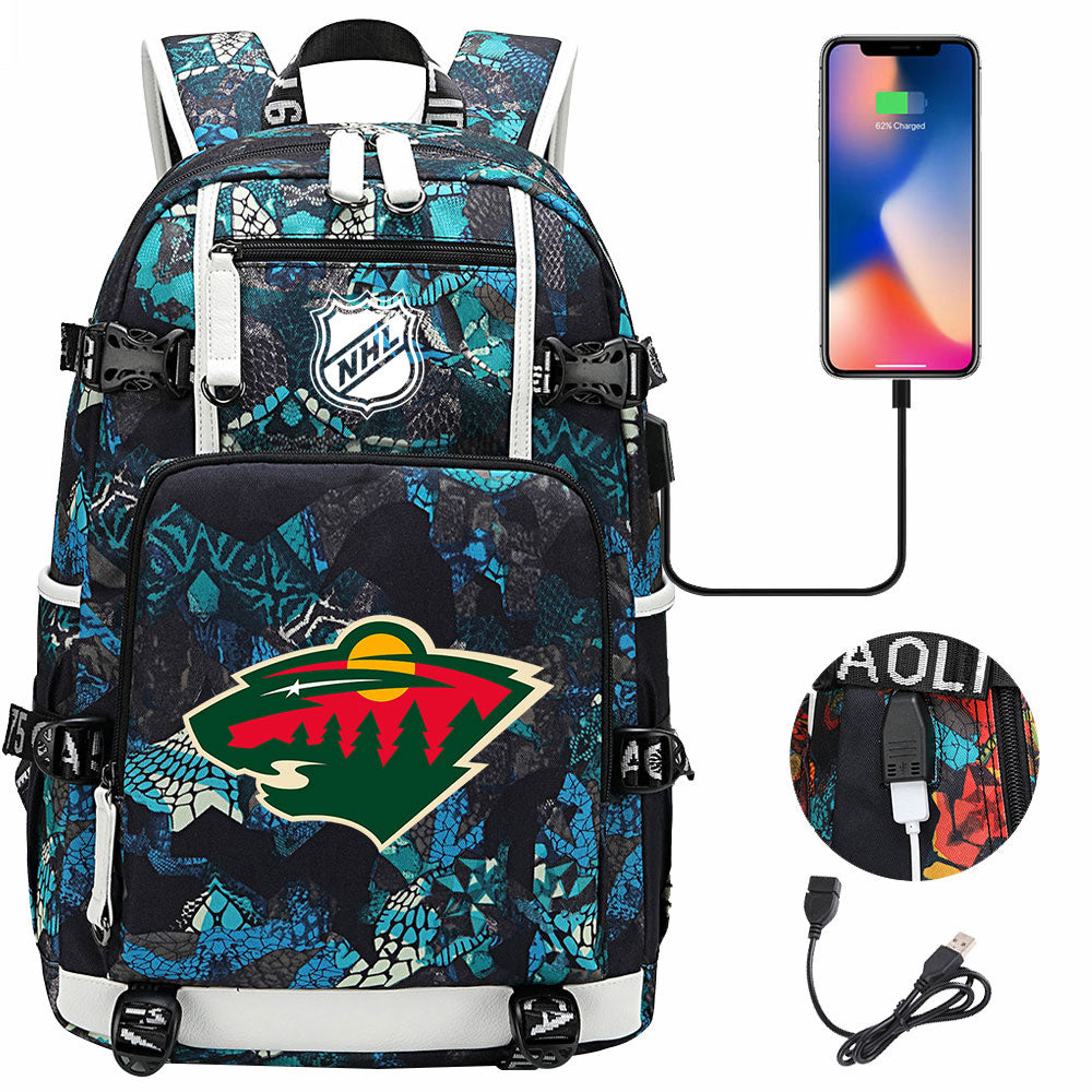 Minnesota Wild Hockey League USB Charging Backpack School Notebook Travel Bags