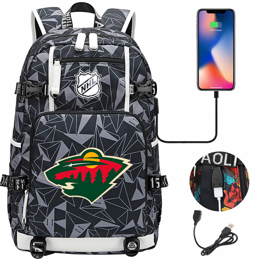Minnesota Wild Hockey League USB Charging Backpack School Notebook Travel Bags
