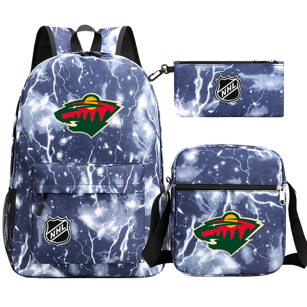 Minnesota Wild Hockey League Printed Schoolbag Backpack Shoulder Bag Pencil Bag 3pcs set for Kids Students