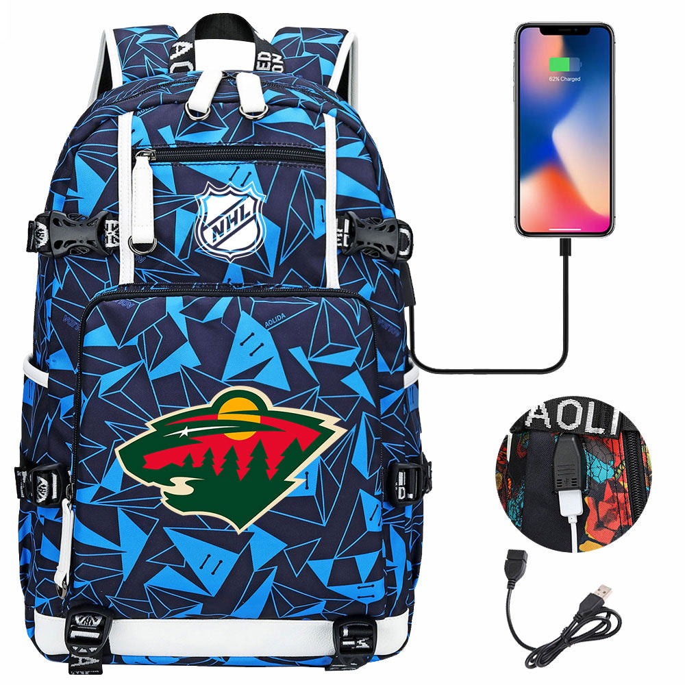 Minnesota Wild Hockey League USB Charging Backpack School Notebook Travel Bags