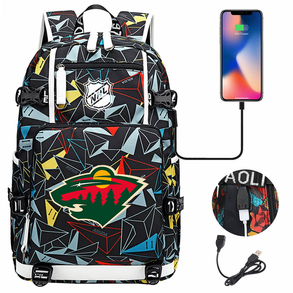 Minnesota Wild Hockey League USB Charging Backpack School Notebook Travel Bags