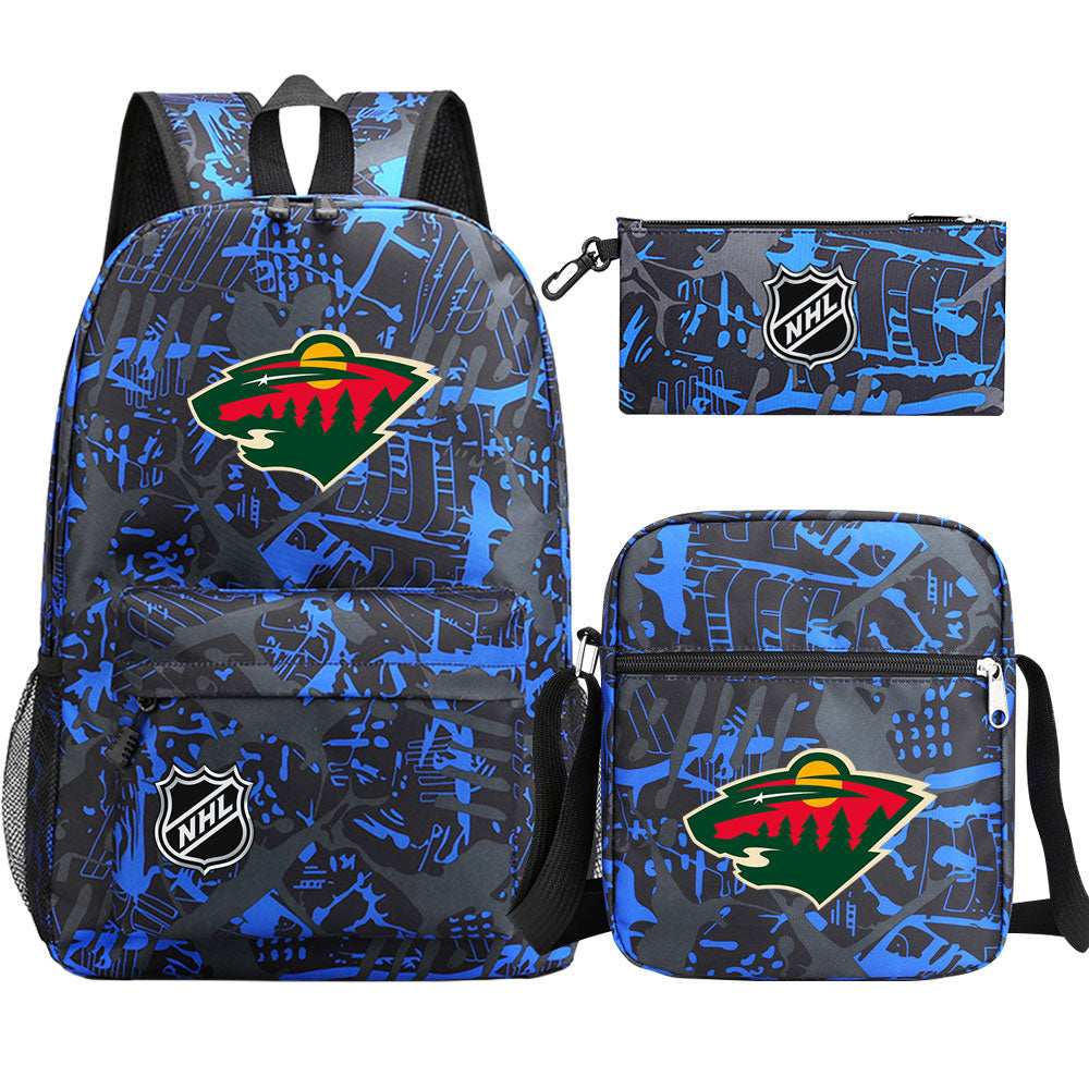 Minnesota Wild Hockey League Printed Schoolbag Backpack Shoulder Bag Pencil Bag 3pcs set for Kids Students