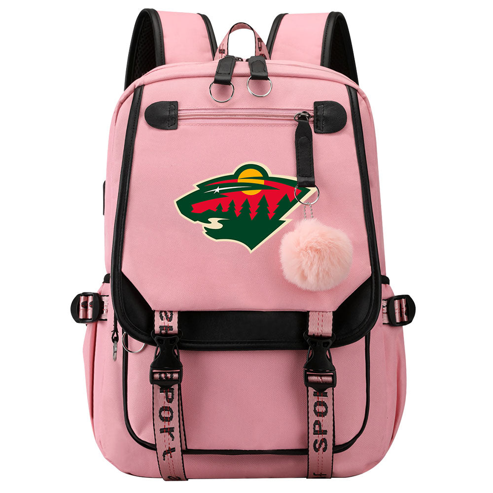 Minnesota Wild Hockey League Waterproof Backpack School Notebook Travel Bag USB Charging