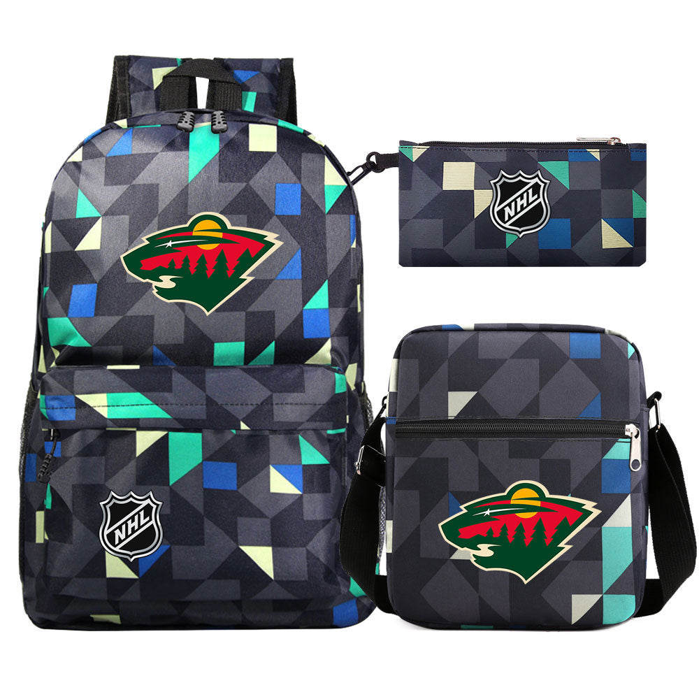 Minnesota Wild Hockey League Printed Schoolbag Backpack Shoulder Bag Pencil Bag 3pcs set for Kids Students