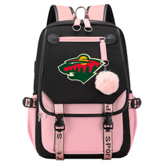 Minnesota Wild Hockey League Waterproof Backpack School Notebook Travel Bag USB Charging