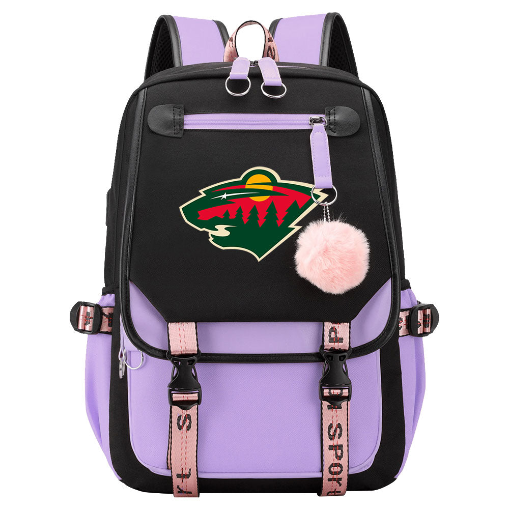 Minnesota Wild Hockey League Waterproof Backpack School Notebook Travel Bag USB Charging