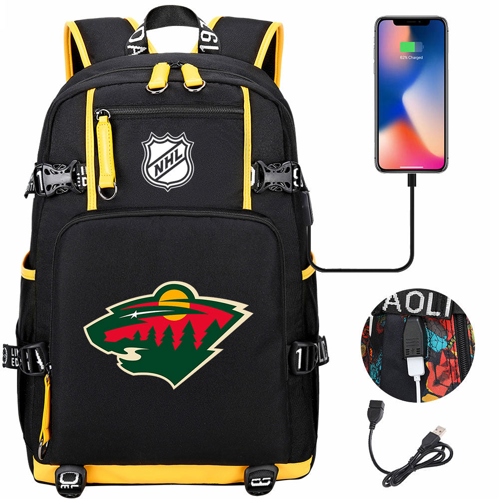 Minnesota Wild Hockey League USB Charging Backpack School Notebook Travel Bags