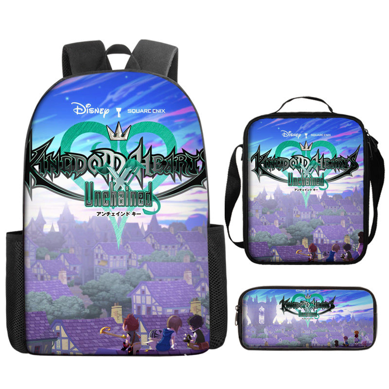 Kingdom Hearts Full Printed Backpack Schoolbag Travel Notebook Bag Lunch Bag Pencil Bag for Kids Students 3PCS