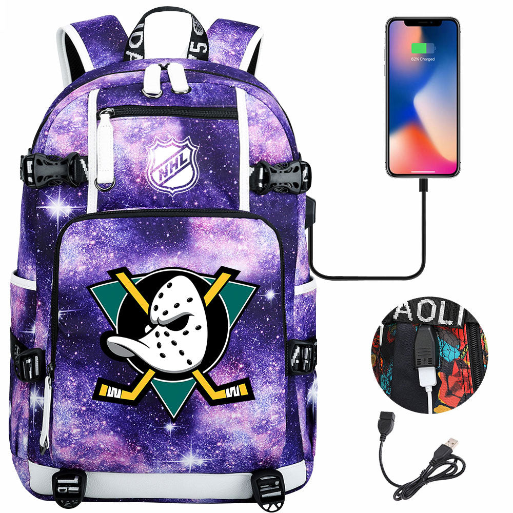 Anaheim Ducks Hockey League USB Charging Backpack School Notebook Travel Bags