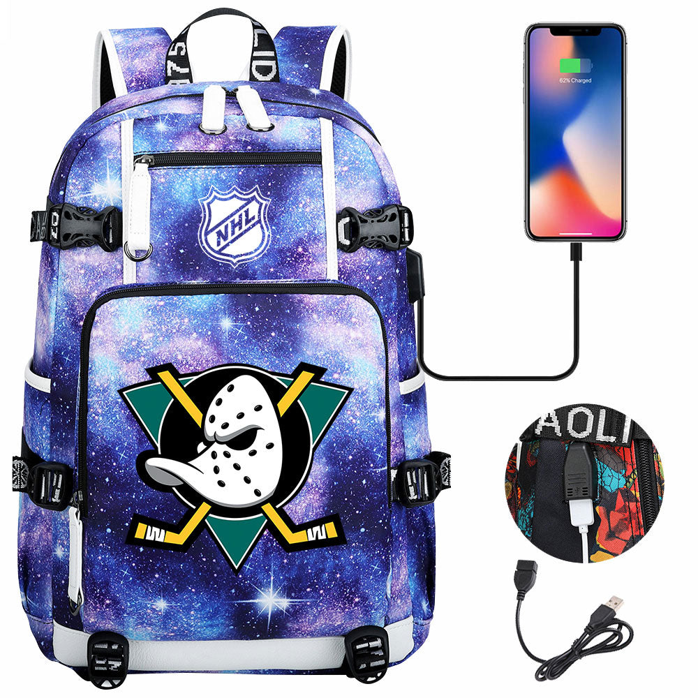 Anaheim Ducks Hockey League USB Charging Backpack School Notebook Travel Bags