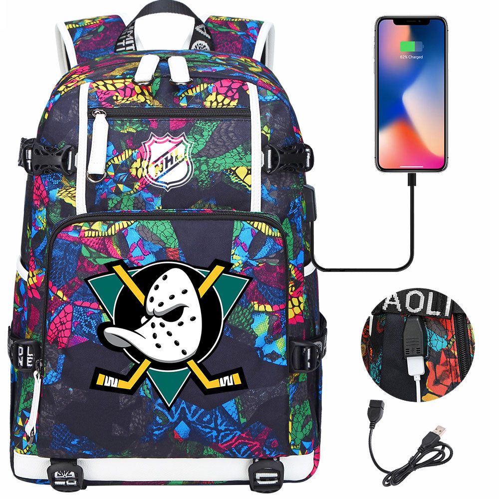 Anaheim Ducks Hockey League USB Charging Backpack School Notebook Travel Bags