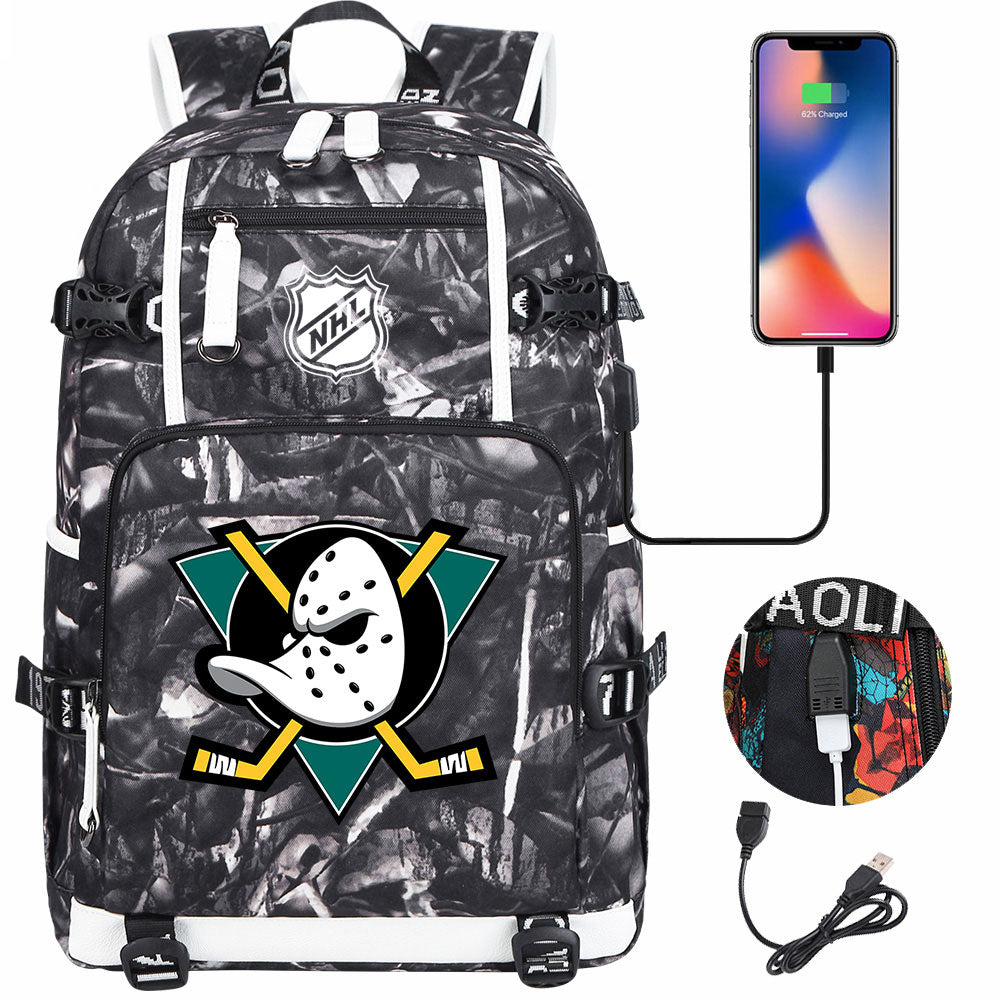 Anaheim Ducks Hockey League USB Charging Backpack School Notebook Travel Bags