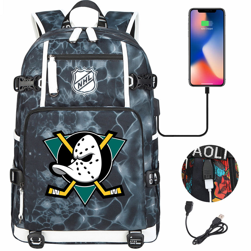 Anaheim Ducks Hockey League USB Charging Backpack School Notebook Travel Bags