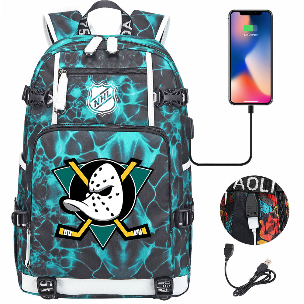 Anaheim Ducks Hockey League USB Charging Backpack School Notebook Travel Bags