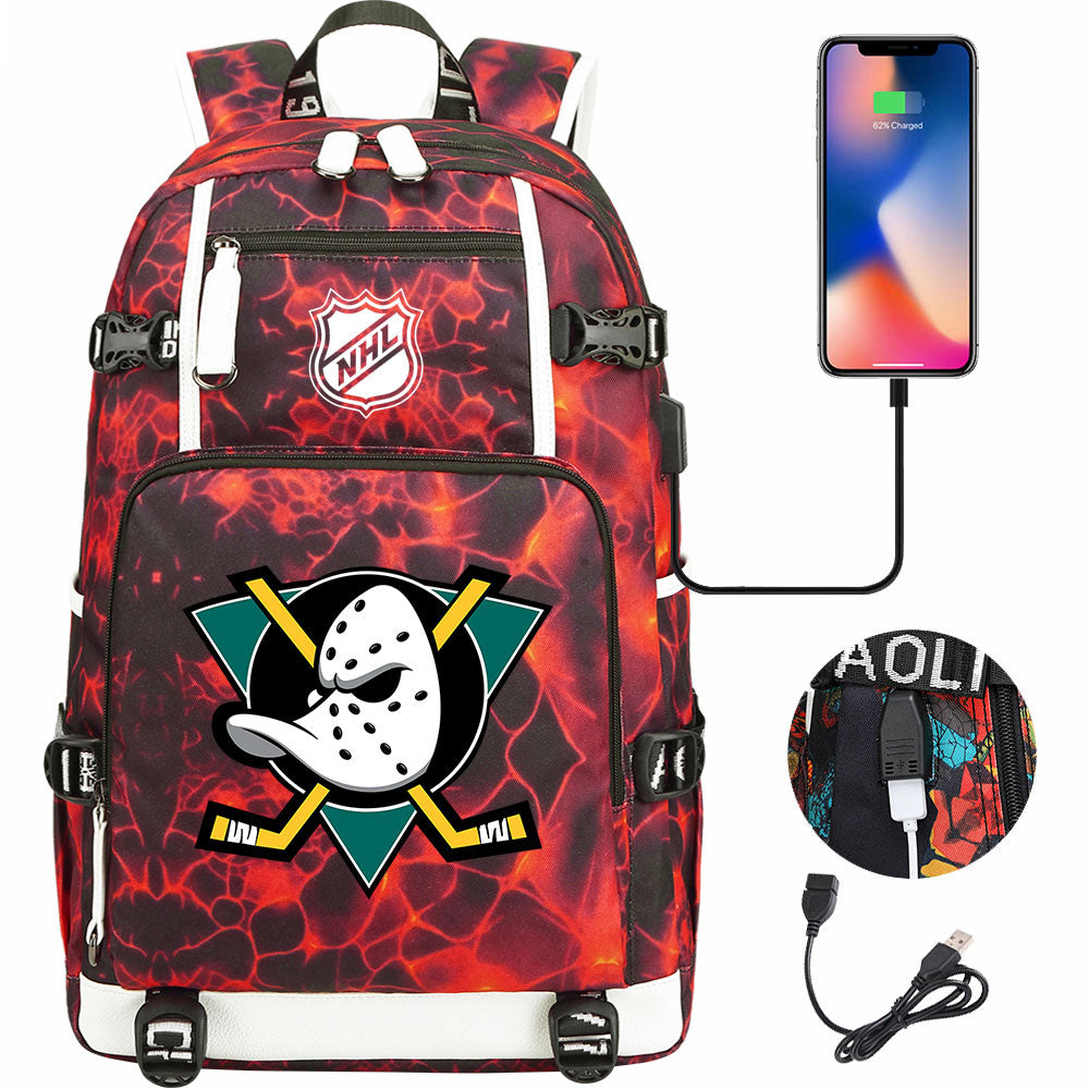 Anaheim Ducks Hockey League USB Charging Backpack School Notebook Travel Bags