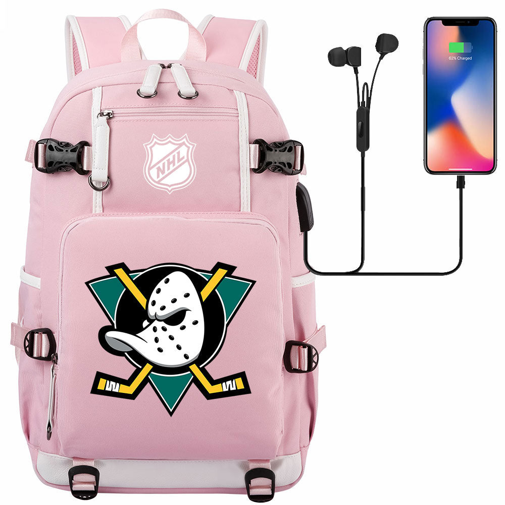 Anaheim Ducks Hockey League USB Charging Backpack School Notebook Travel Bags