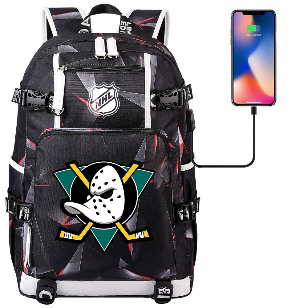 Anaheim Ducks Hockey League USB Charging Backpack School Notebook Travel Bags