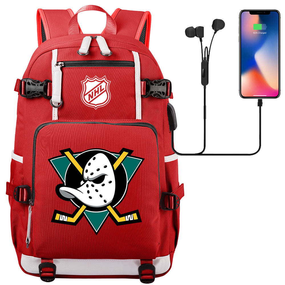 Anaheim Ducks Hockey League USB Charging Backpack School Notebook Travel Bags