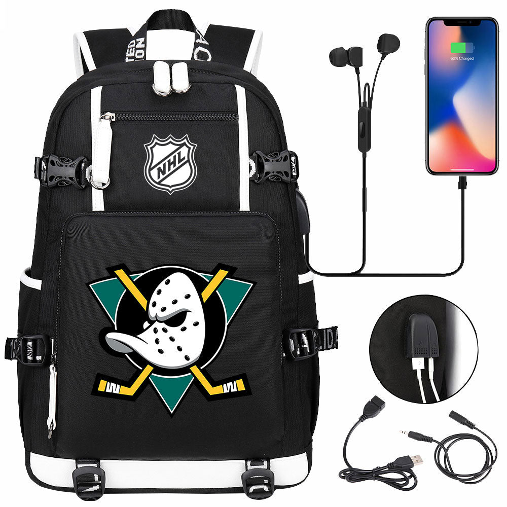 Anaheim Ducks Hockey League USB Charging Backpack School Notebook Travel Bags