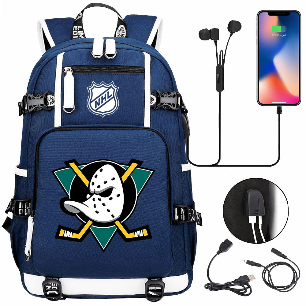 Anaheim Ducks Hockey League USB Charging Backpack School Notebook Travel Bags