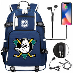 Anaheim Ducks Hockey League USB Charging Backpack School Notebook Travel Bags