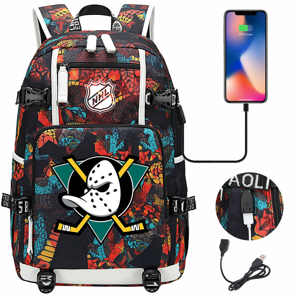 Anaheim Ducks Hockey League USB Charging Backpack School Notebook Travel Bags