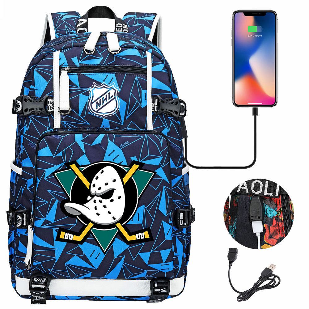 Anaheim Ducks Hockey League USB Charging Backpack School Notebook Travel Bags