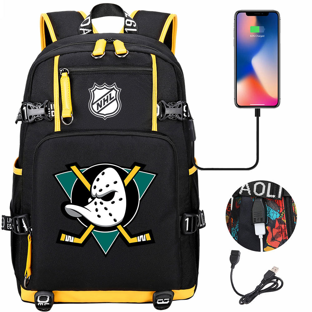 Anaheim Ducks Hockey League USB Charging Backpack School Notebook Travel Bags