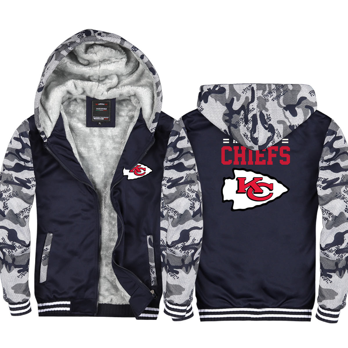 Kansas City Football Chiefs Unisex Lined Hoodie Fleece Sweatshirt Full Zipper Hooded Thicken Jacket