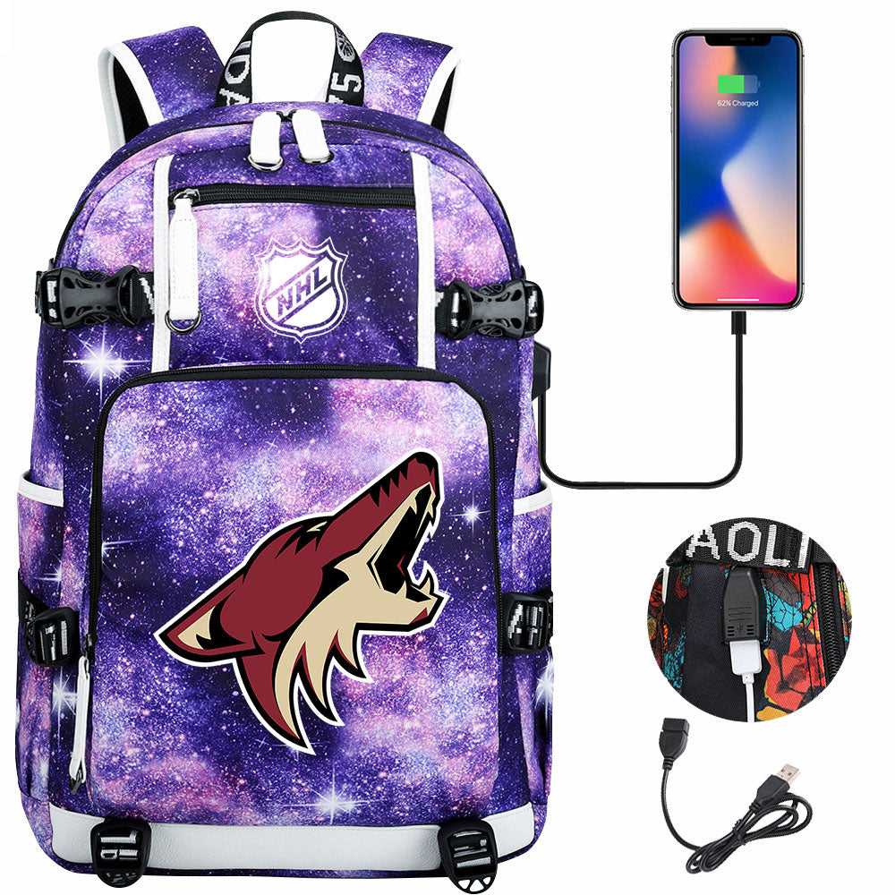 Arizona Coyotes Hockey League USB Charging Backpack School Notebook Travel Bags