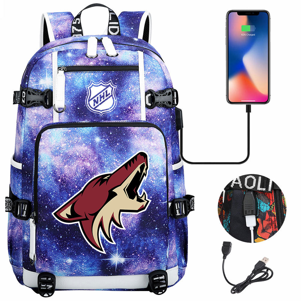 Arizona Coyotes Hockey League USB Charging Backpack School Notebook Travel Bags