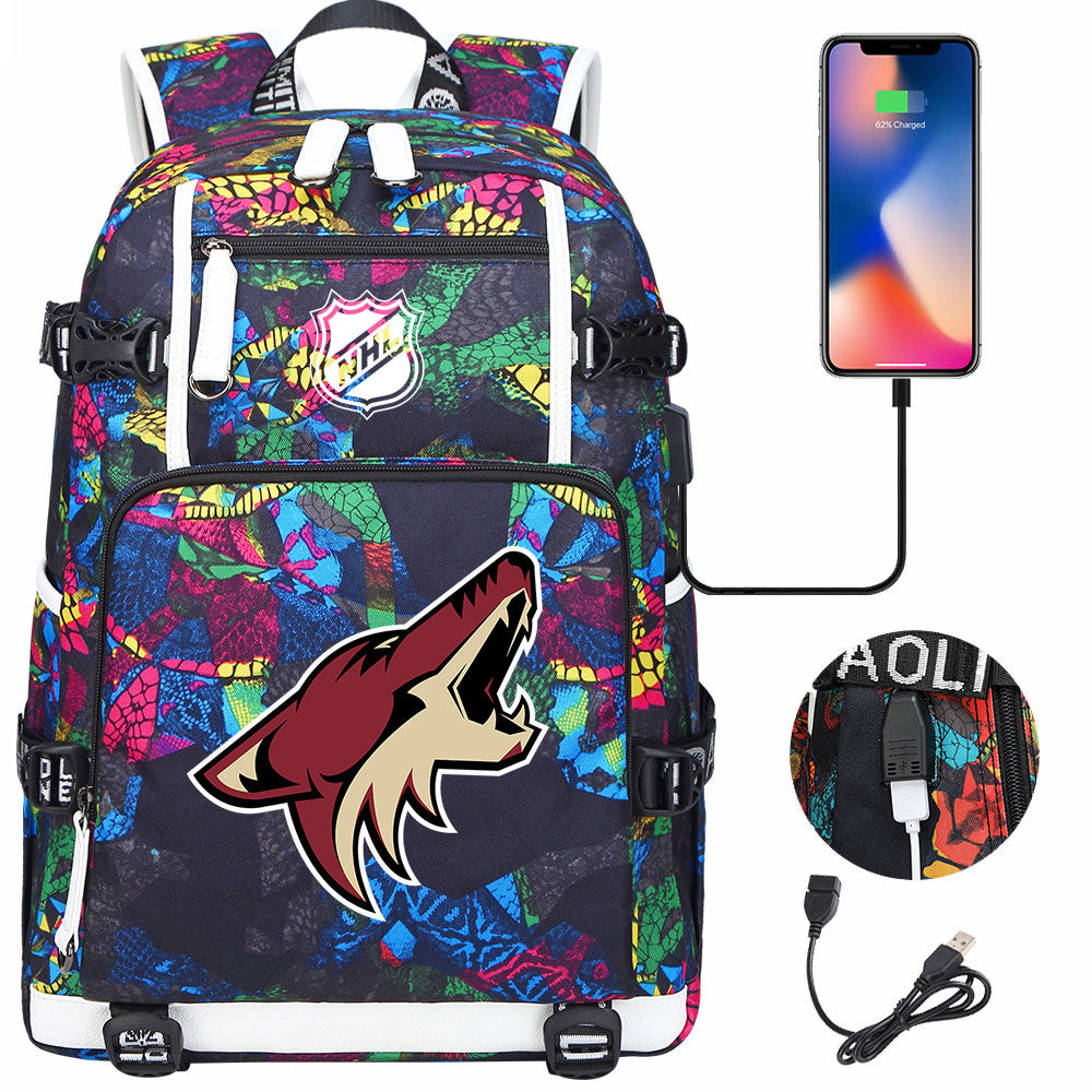 Arizona Coyotes Hockey League USB Charging Backpack School Notebook Travel Bags