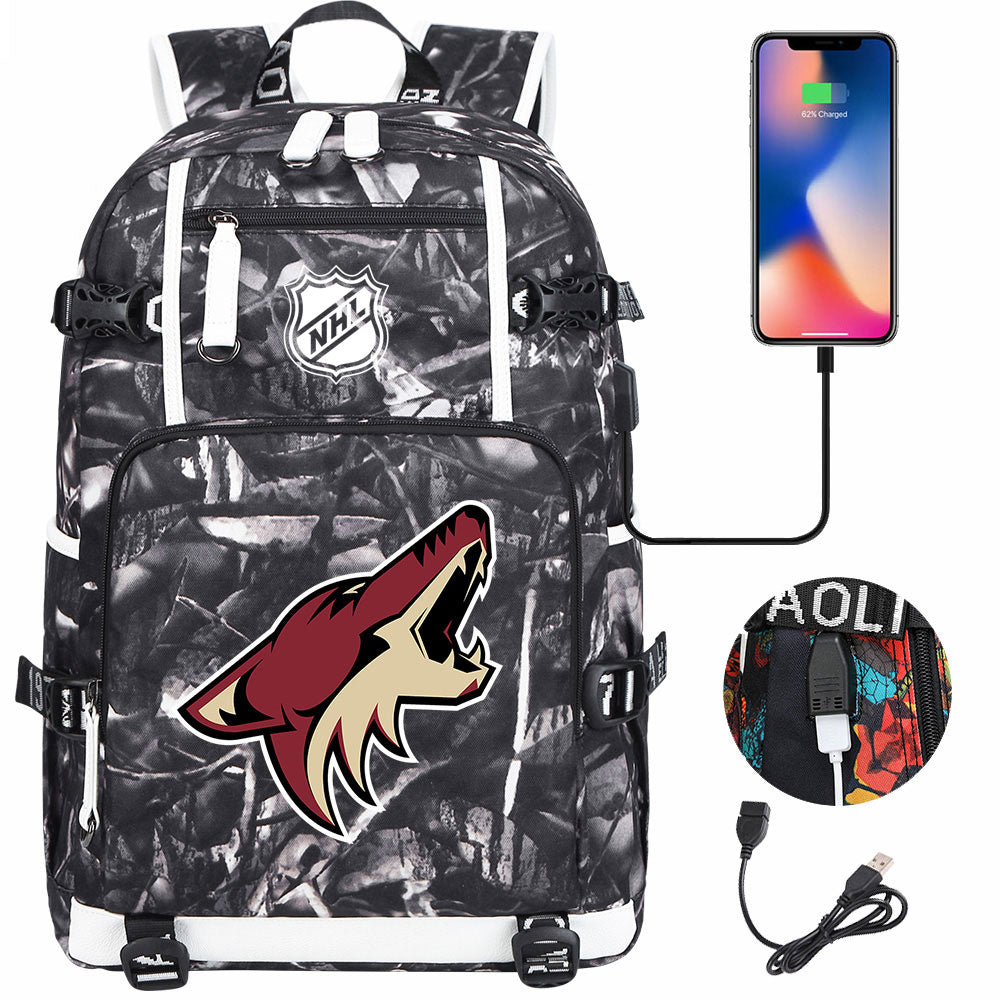 Arizona Coyotes Hockey League USB Charging Backpack School Notebook Travel Bags