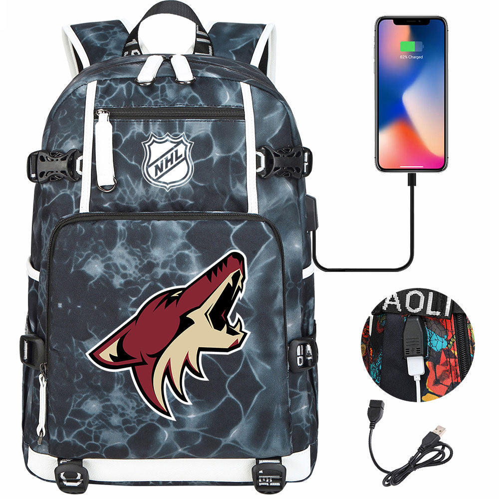 Arizona Coyotes Hockey League USB Charging Backpack School Notebook Travel Bags