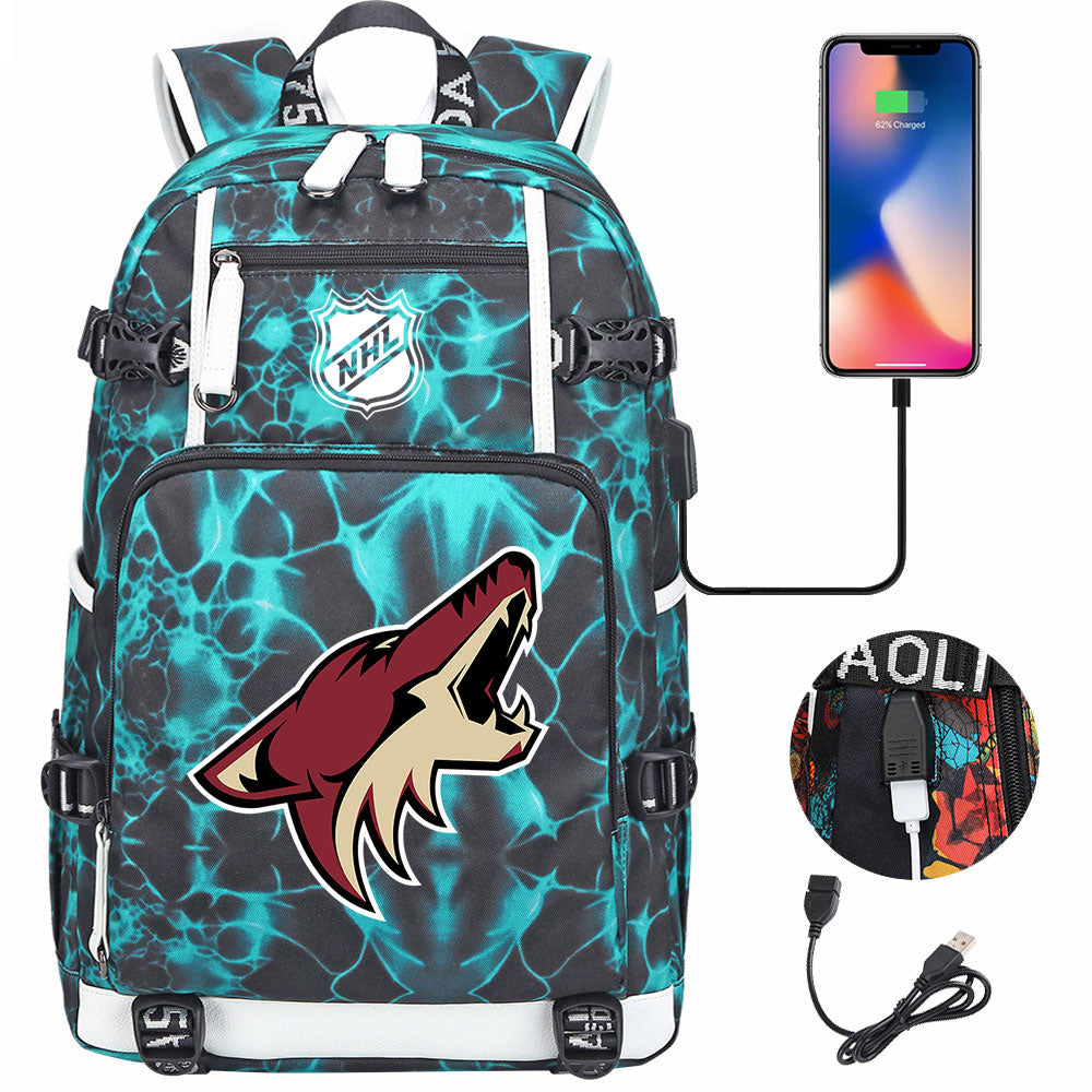 Arizona Coyotes Hockey League USB Charging Backpack School Notebook Travel Bags